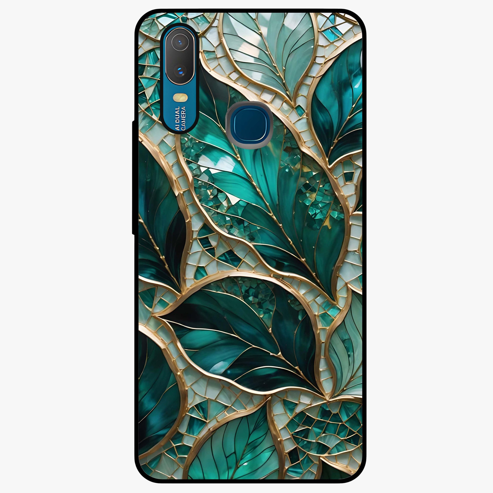 Emerald Leaf Glass Glass Case showing flat back view with emerald green leaf artwork and glossy glass finish.
