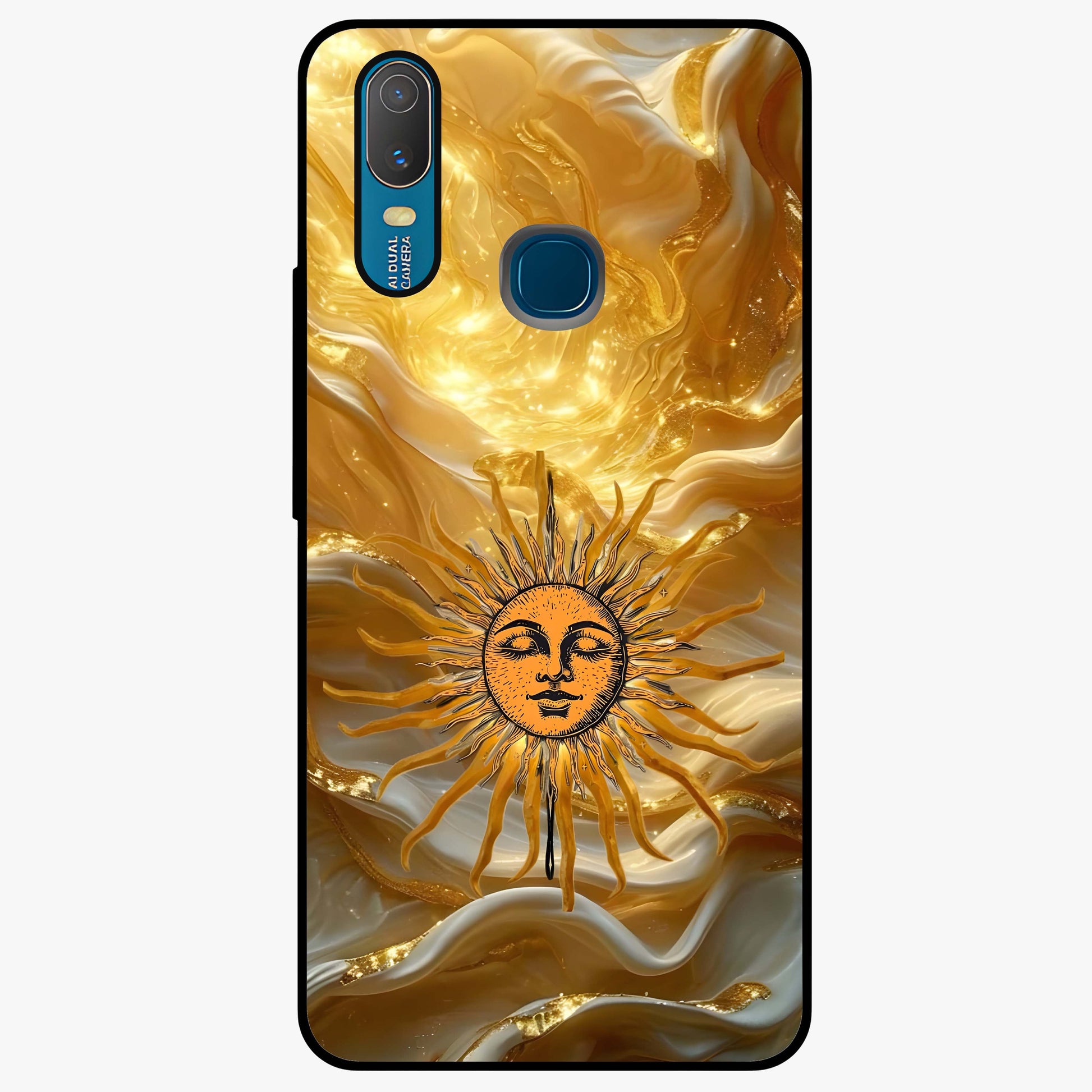 Eternal Golden Glow Glass Case showing flat back view with radiant golden themed artwork and glossy glass finish.