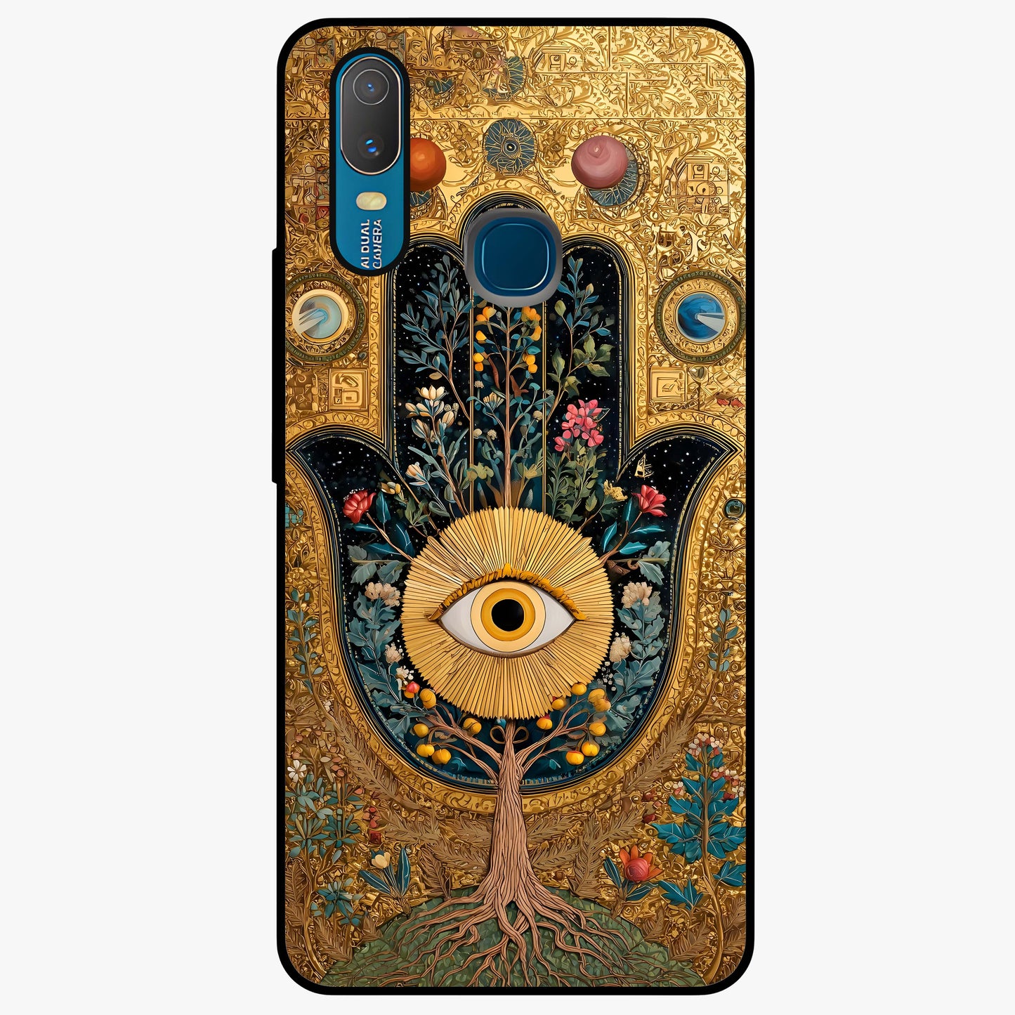 Ethereal Evil Eye Glass Case showing flat back view with mystical evil eye artwork and glossy glass finish.