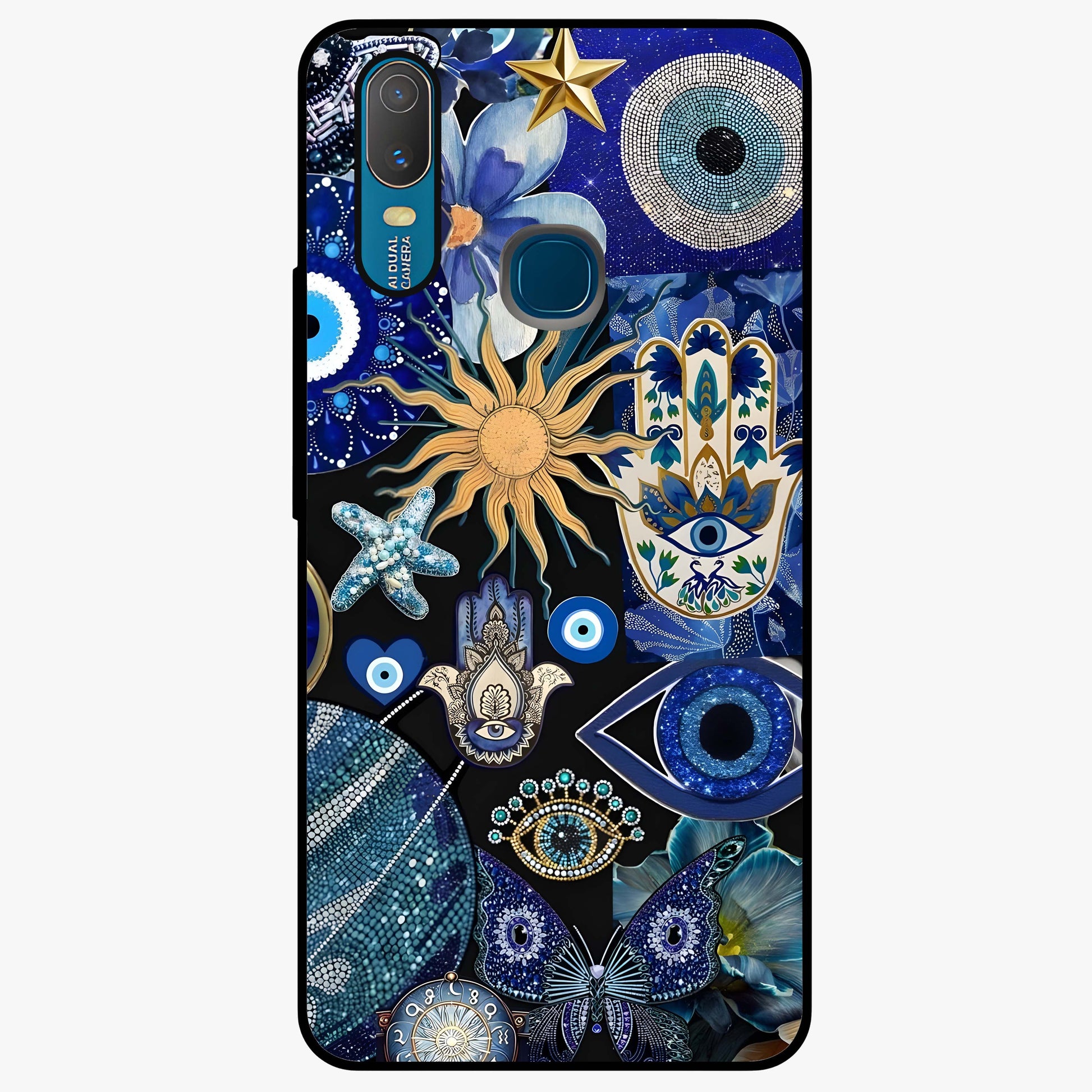 Evil Eye Charm Mix Glass Case showing flat back view with multiple evil eye charms artwork and glossy glass finish.