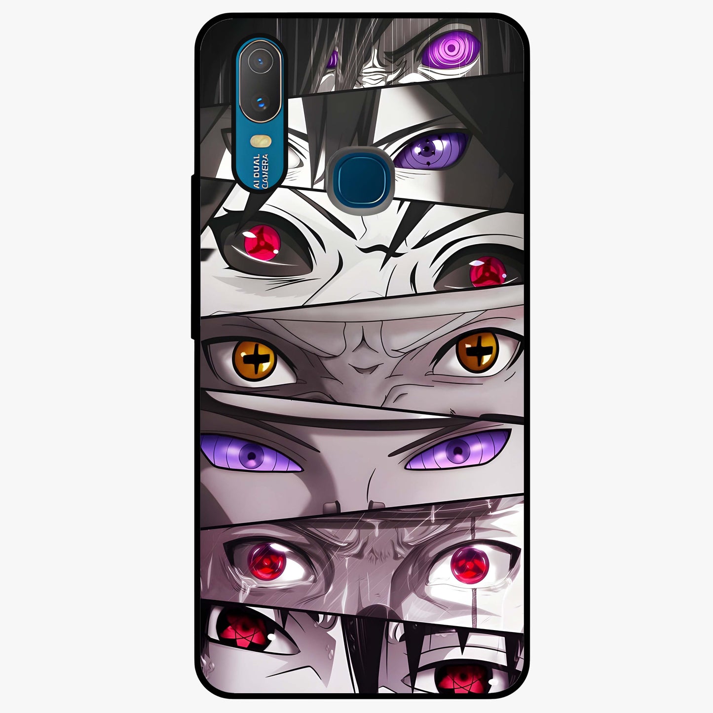 Eyes of Destiny Glass Case showing flat back view with striking eye themed artwork and glossy glass finish.