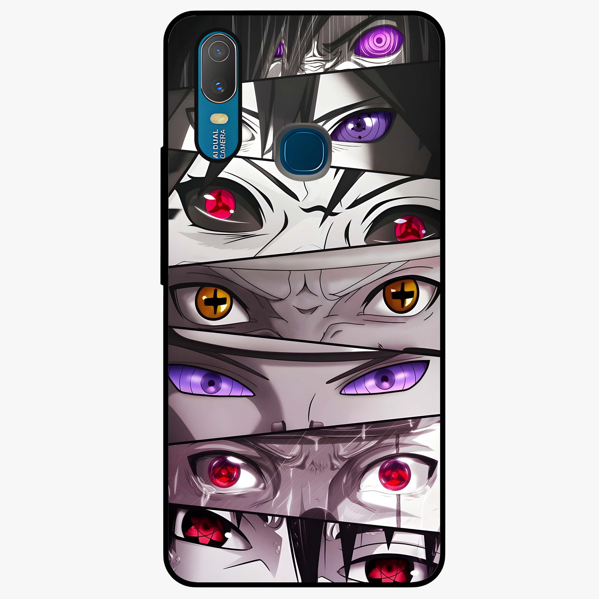Eyes of Destiny Glass Case showing flat back view with striking eye themed artwork and glossy glass finish.