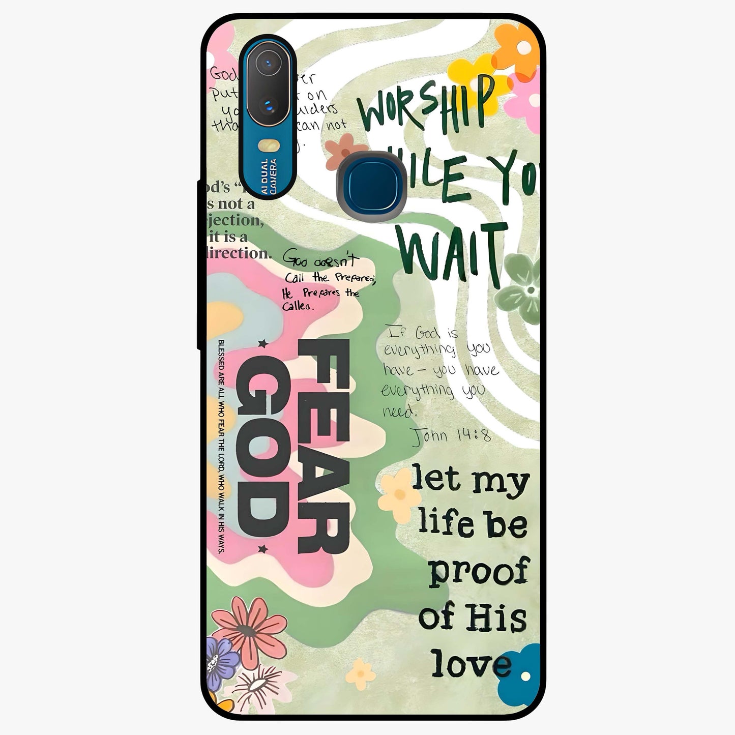Faith Over Fear Glass Case showing flat back view with motivational typography artwork and glossy glass finish.