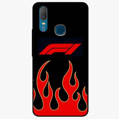 Fire F11 Glass Case showing flat back view with fiery themed artwork and glossy glass finish.