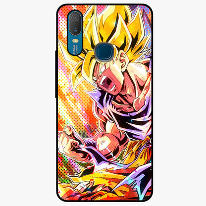 Firing Goku Glass Case showing flat back view with powerful anime inspired artwork and glossy glass finish.