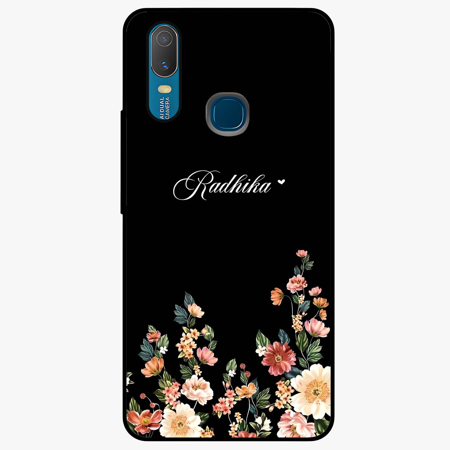Floral Design With a Custom Personalized Name Glass Case showing flat back view with floral artwork and personalized name design.