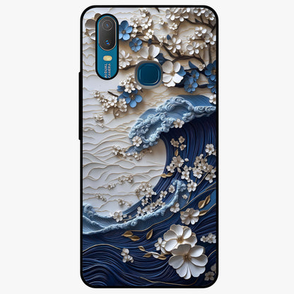 Floral Wave Origami Glass Case showing flat back view with origami inspired floral wave artwork and glossy glass finish.
