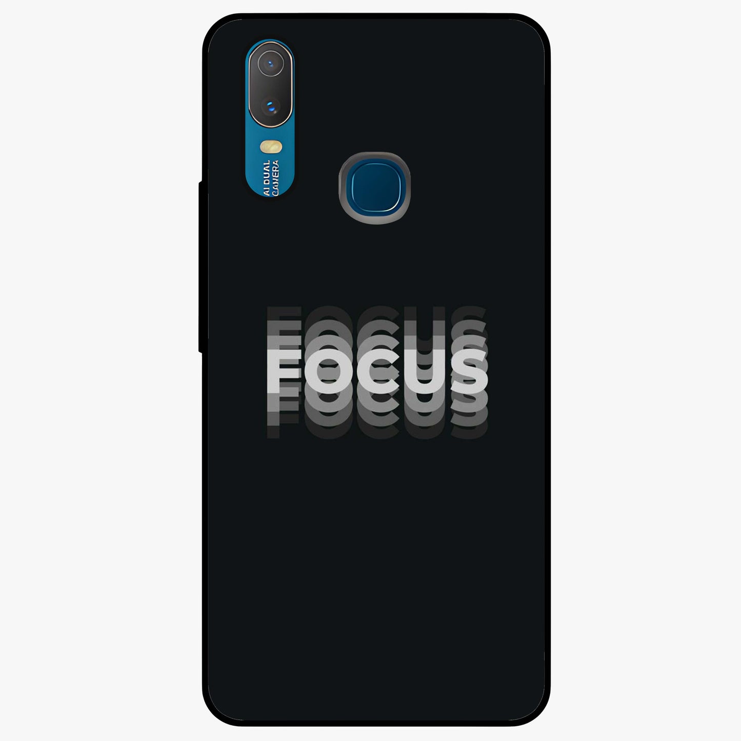 Focus Mode On Glass Case showing flat back view with bold motivational typography design and glossy glass finish.