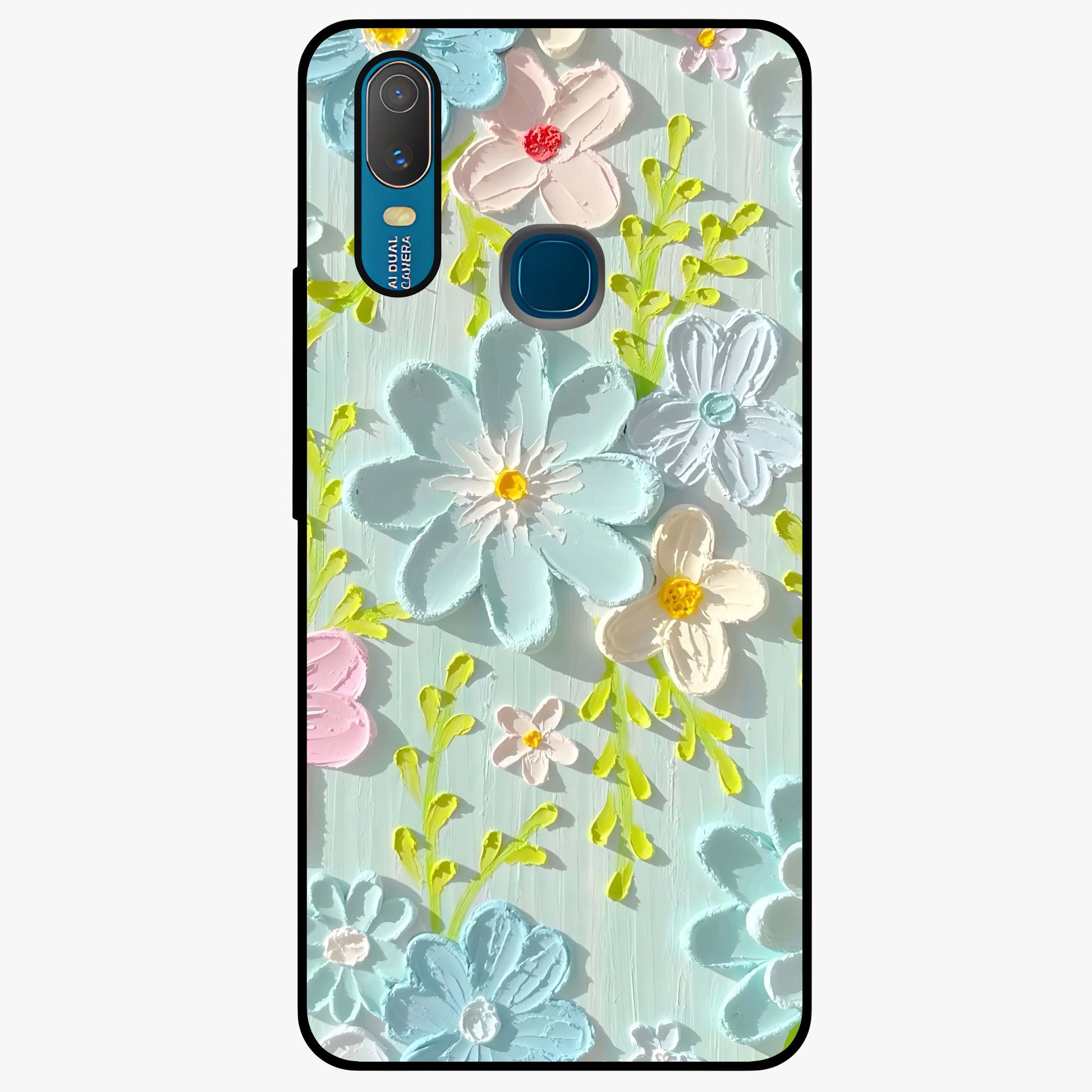 Frosted Petal Garden Glass Case showing flat back view with soft frosted floral artwork and glossy glass finish.