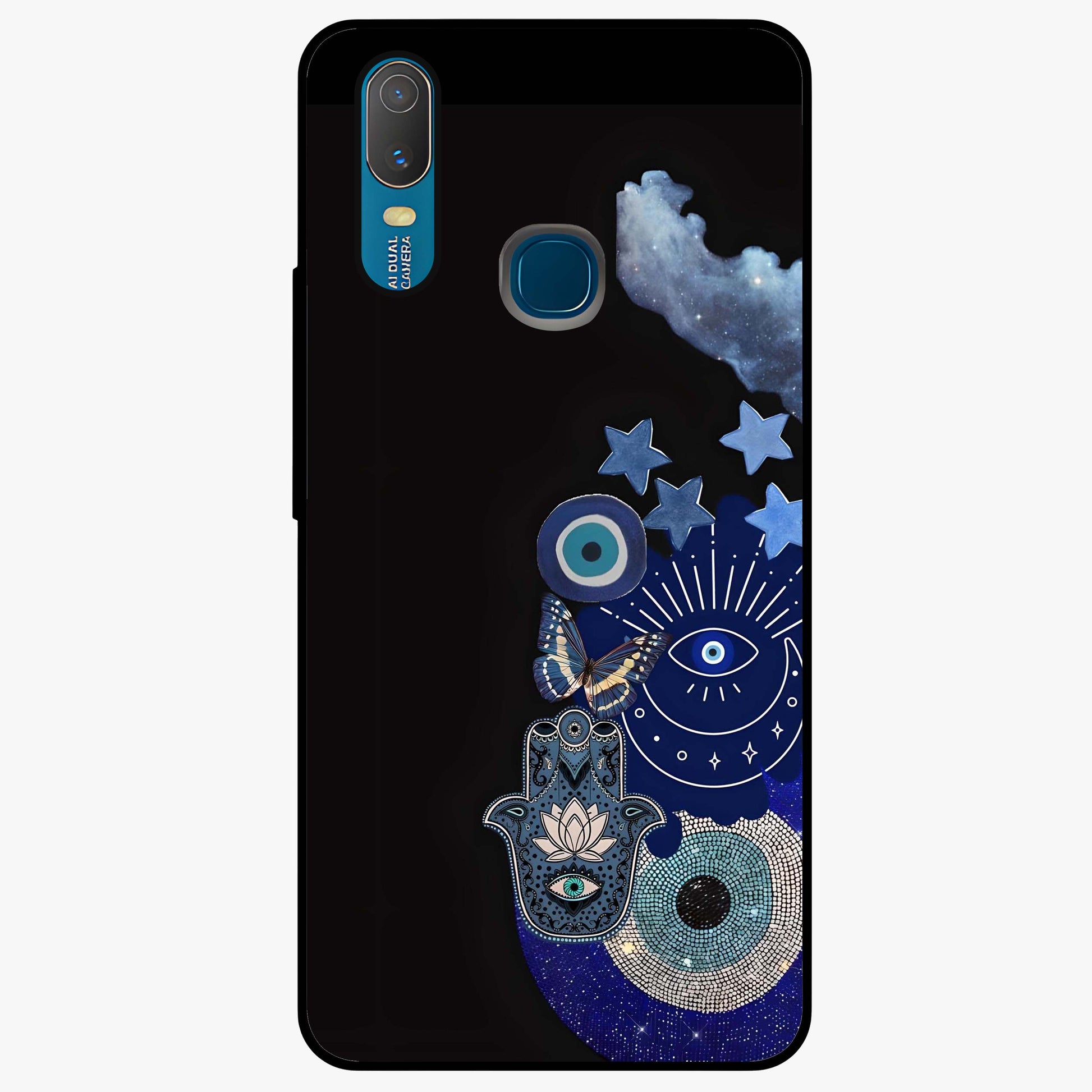 Galactic Charm Cluster Glass Case showing flat back view with glowing celestial charm artwork and glossy glass finish.