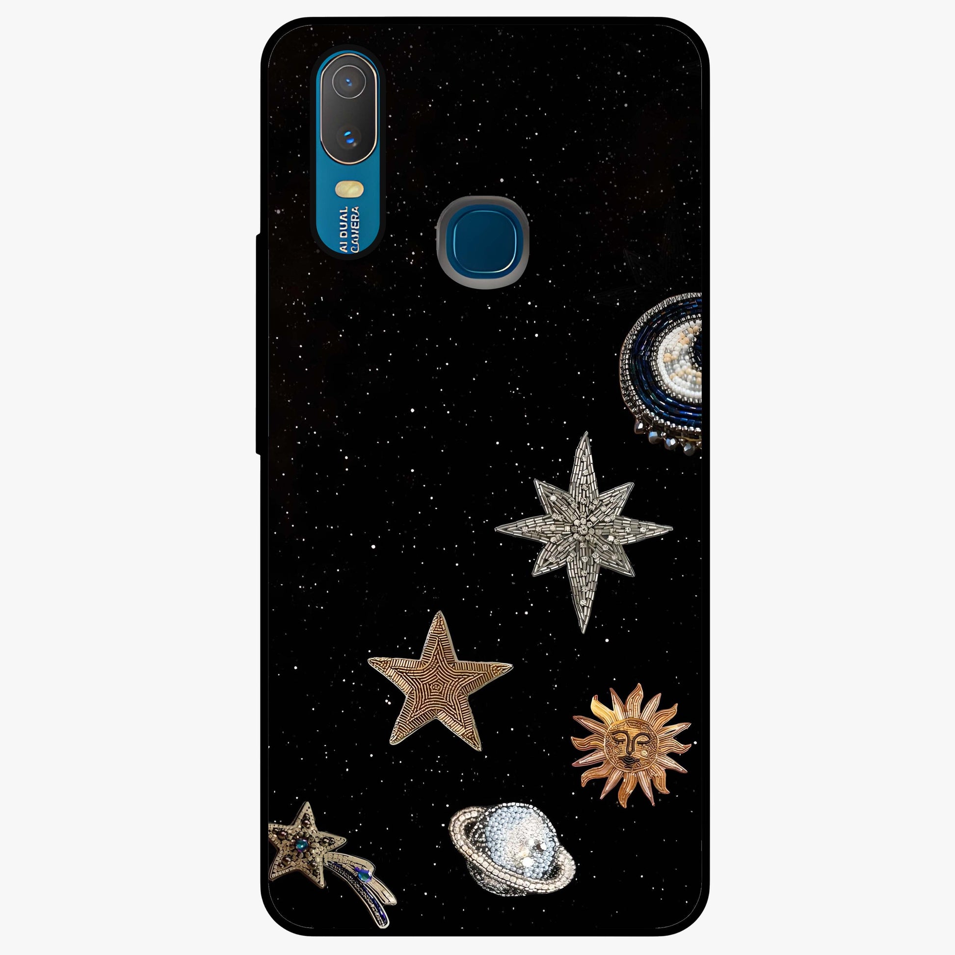 Galactic Charm Glow Glass Case showing flat back view with glowing celestial charm artwork and glossy glass finish.