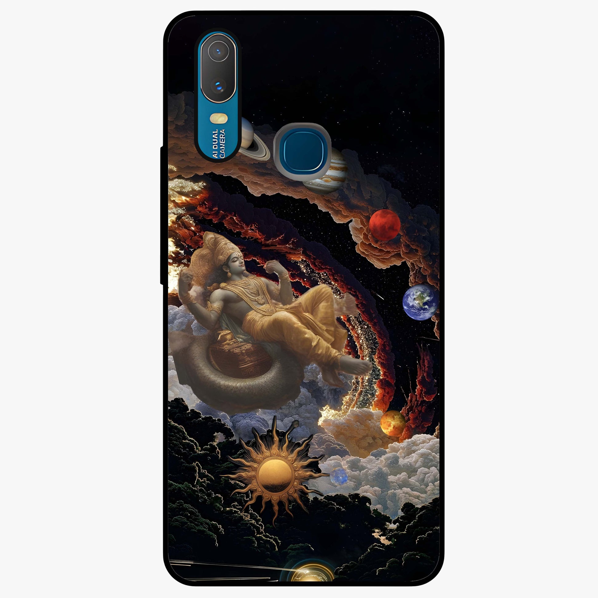 Galactic Divine God Glass Case showing flat back view with divine cosmic themed artwork and glossy glass finish.