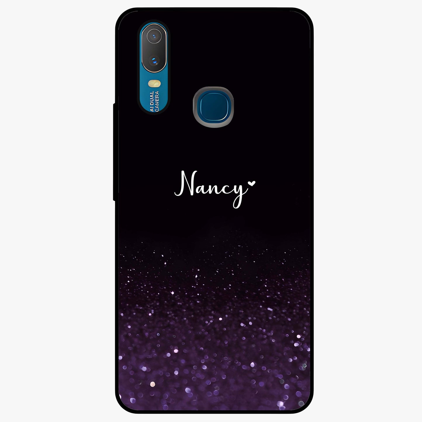 Glittery Purple Bokeh Custom Name Glass Case showing flat back view with purple bokeh sparkle artwork and personalized name design.