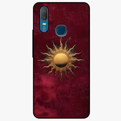 Gold Sun Blush Glass Case showing flat back view with golden sun inspired artwork and glossy glass finish.