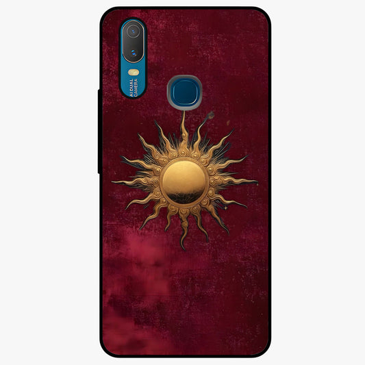 Gold Sun Blush Glass Case showing flat back view with golden sun inspired artwork and glossy glass finish.