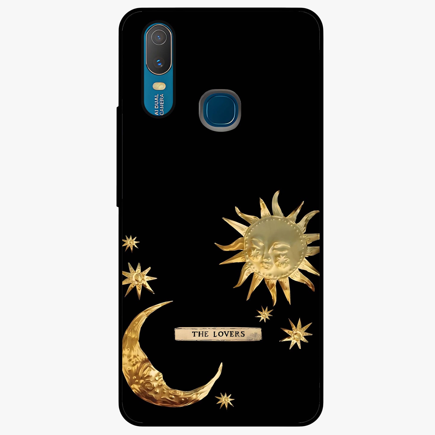 Golden Celestial Charm Glass Case showing flat back view with golden celestial charm artwork and glossy glass finish.