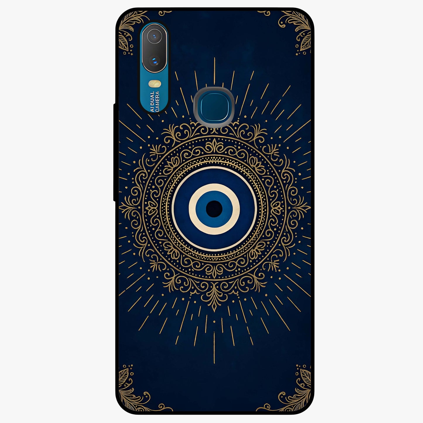 Golden Evil Eye Mandala Glass Case showing flat back view with intricate evil eye mandala artwork and glossy glass finish.