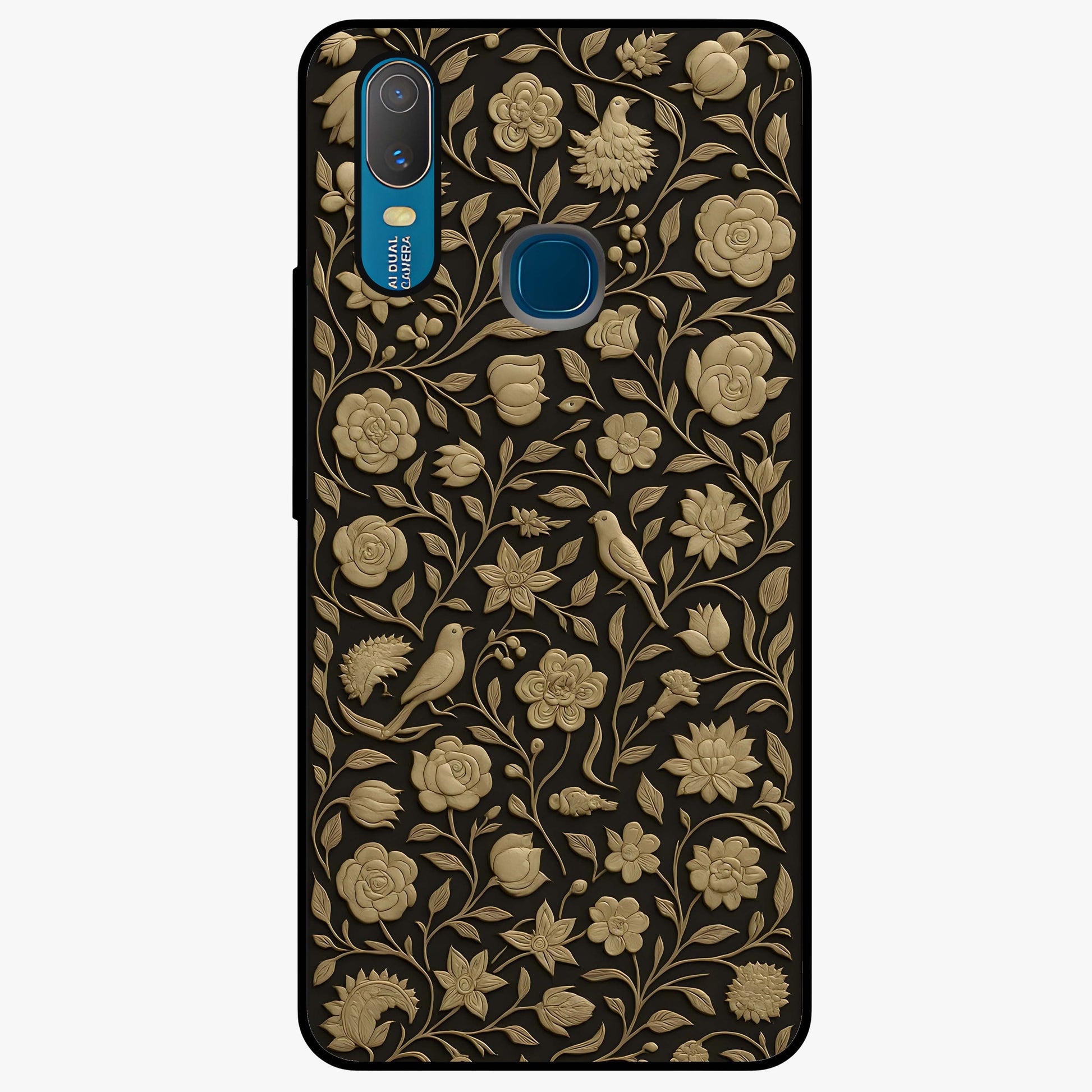 Golden Floral Majesty Glass Case showing flat back view with luxurious golden floral artwork and glossy glass finish.