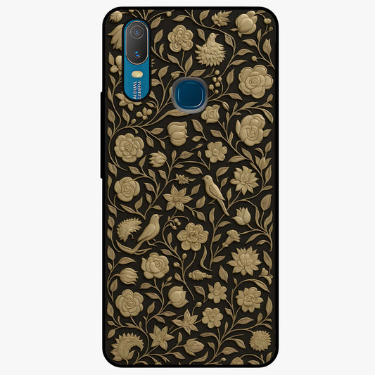 Golden Floral Majesty Glass Case showing flat back view with luxurious golden floral artwork and glossy glass finish.