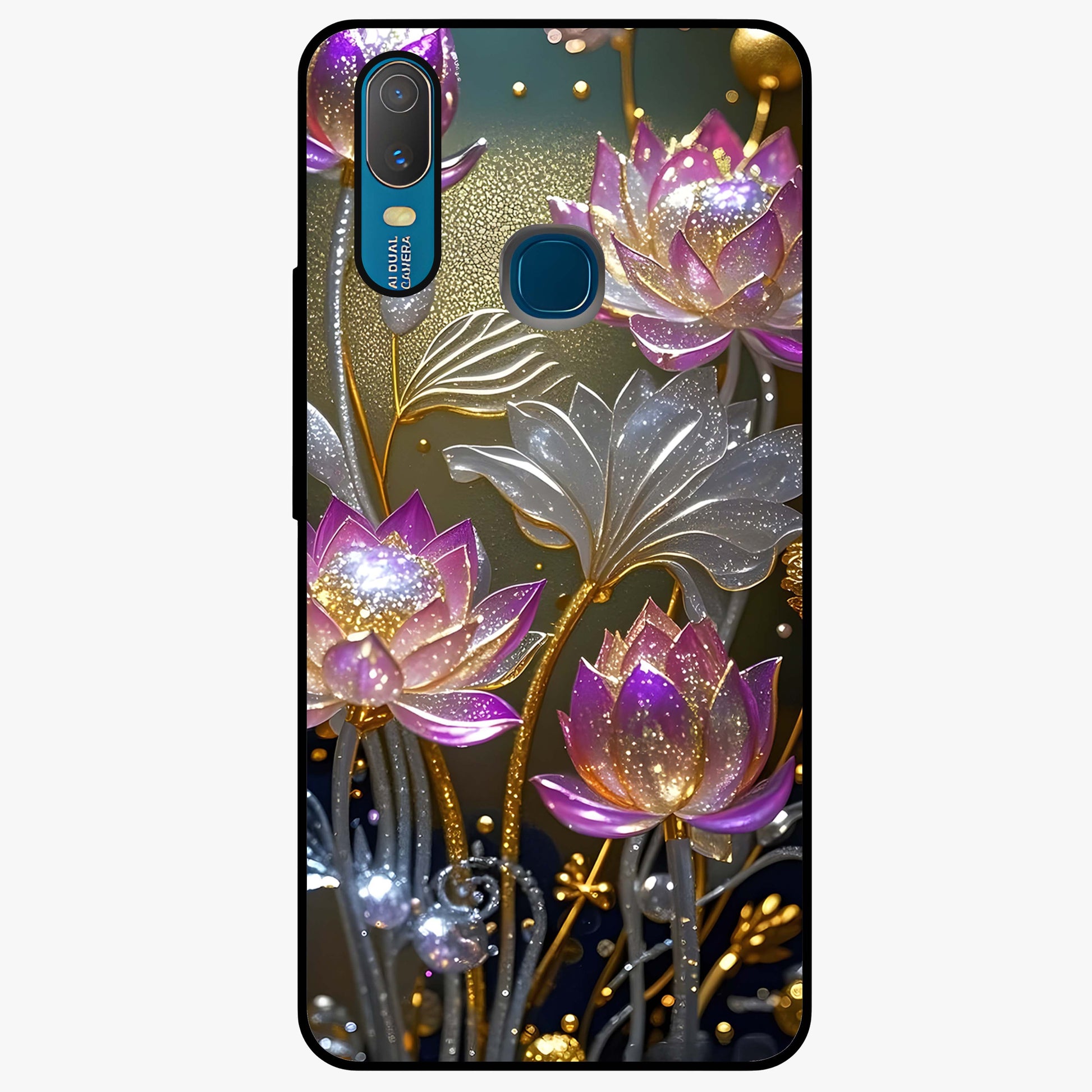 Golden Lotus Glow Glass Case showing flat back view with glowing lotus flower artwork and glossy glass finish.