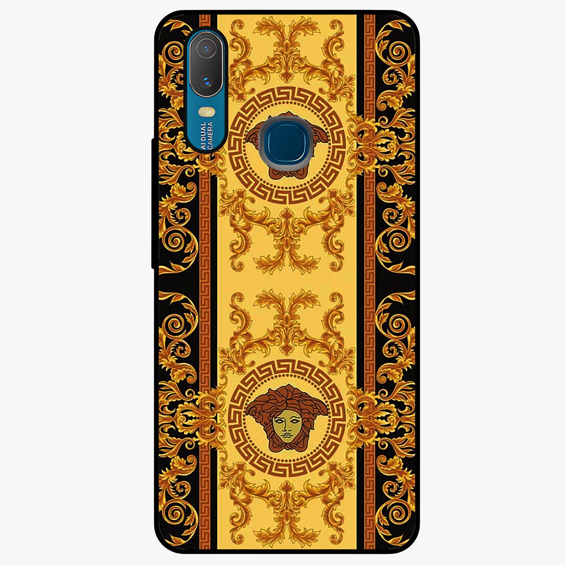Golden Royal Heritage Glass Case showing flat back view with ornate royal pattern artwork and glossy glass finish.