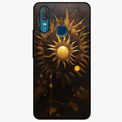 Golden Sun Majesty Glass Case showing flat back view with radiant golden sun artwork and glossy glass finish.