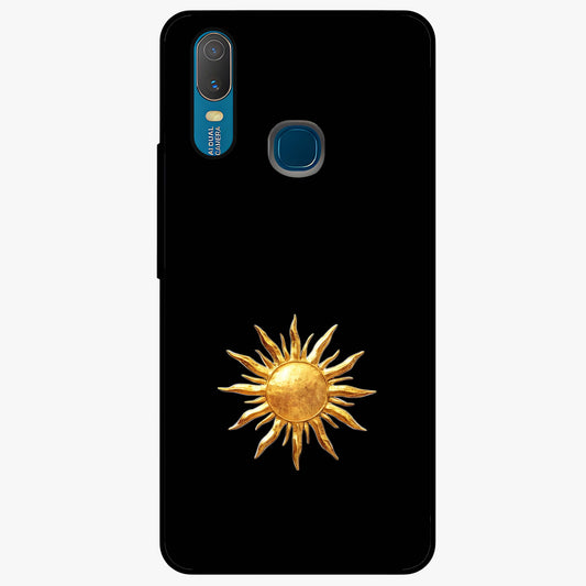 Golden Sun Minimalism Glass Case showing flat back view with minimal golden sun artwork and glossy glass finish.