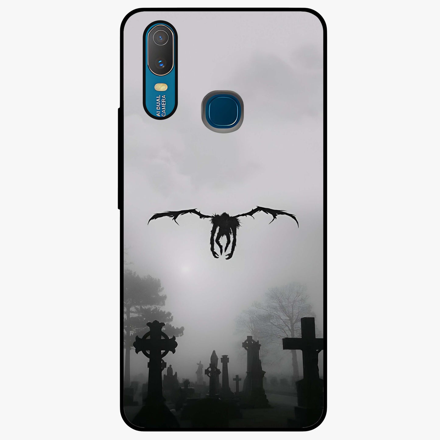 Graveyard Shadow Descent Glass Case showing flat back view with dark graveyard themed artwork and glossy glass finish.