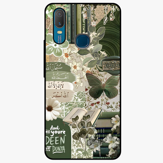Green Islamic Books Quotes Glass Case showing flat back view with Islamic quotes and book themed artwork and glossy glass finish.