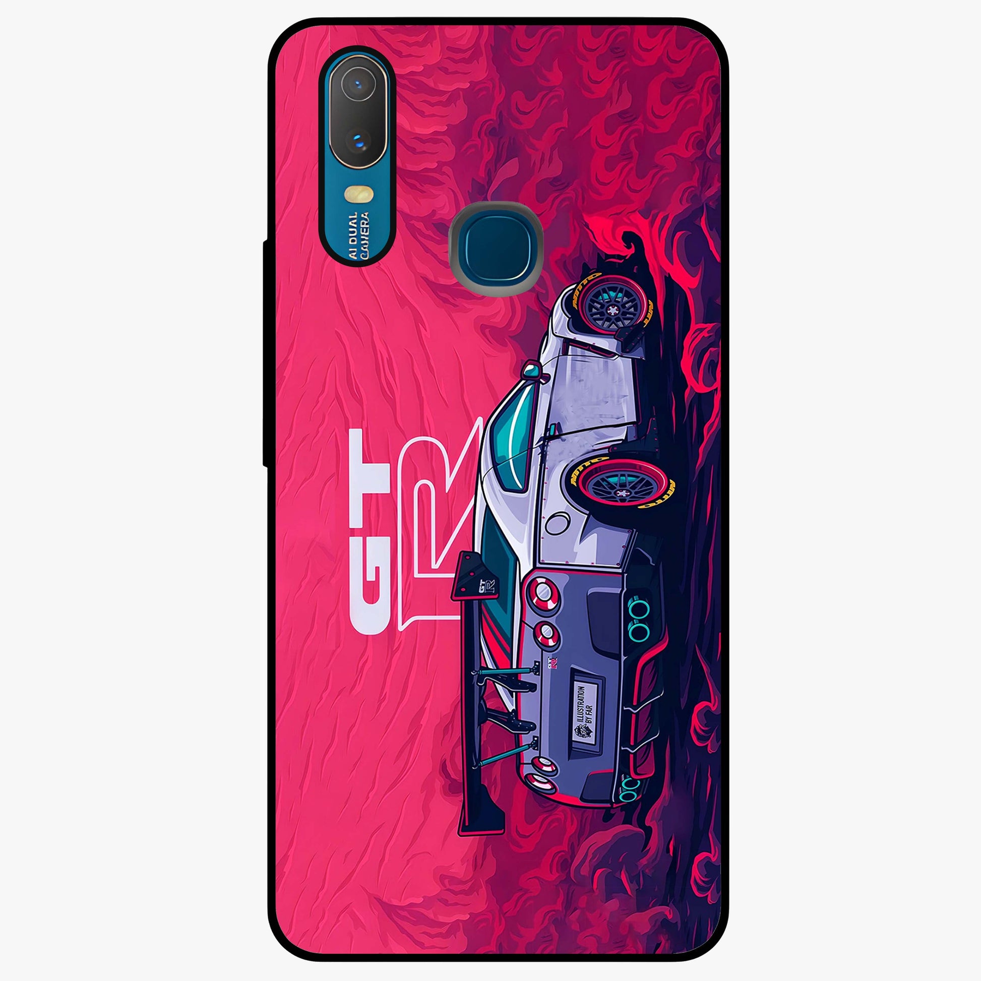 GT-R Car Pattern Glass Case showing flat back view with sporty car inspired pattern artwork and glossy glass finish.