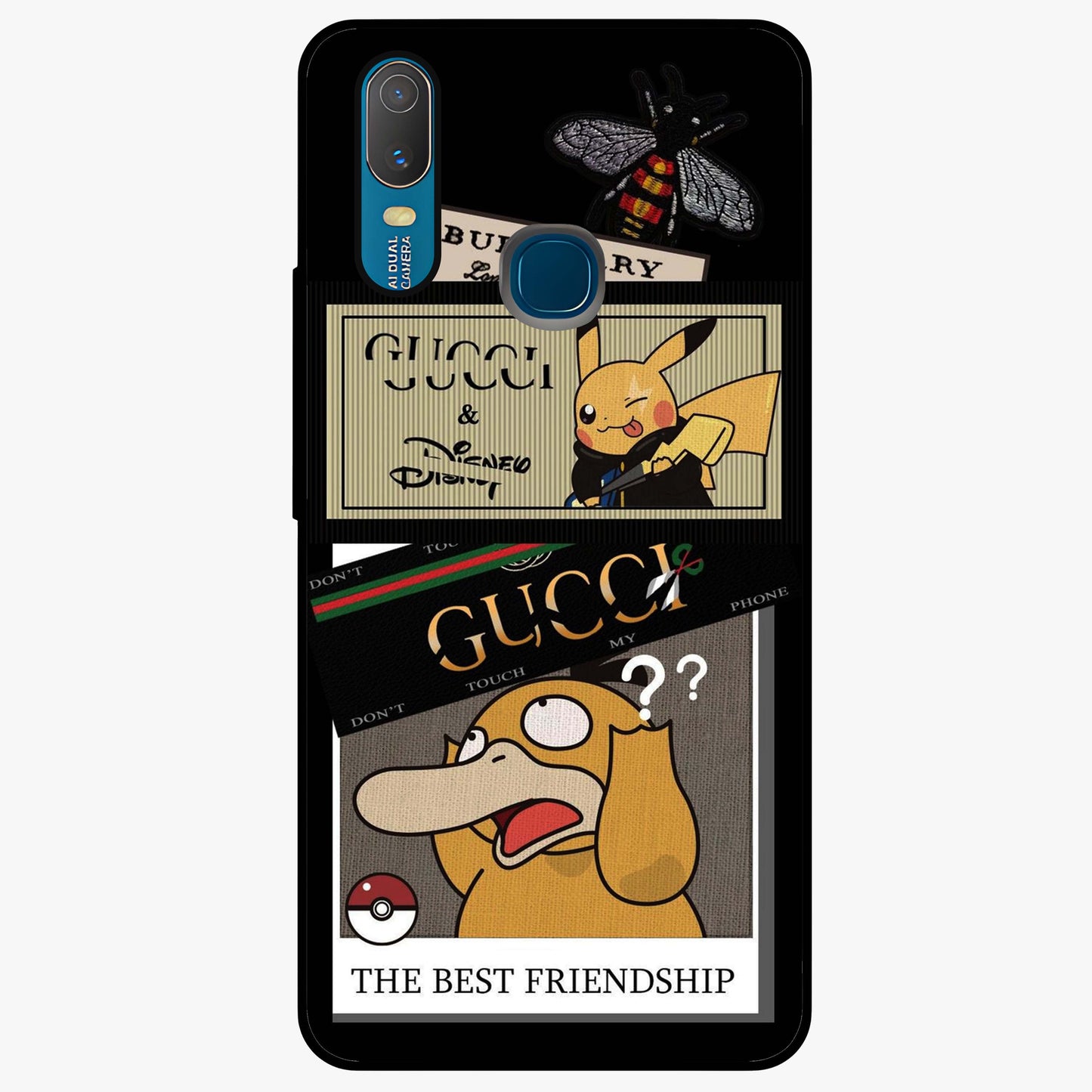 Gucci Play Mashup Glass Case showing flat back view with luxury inspired graphic artwork and glossy glass finish.