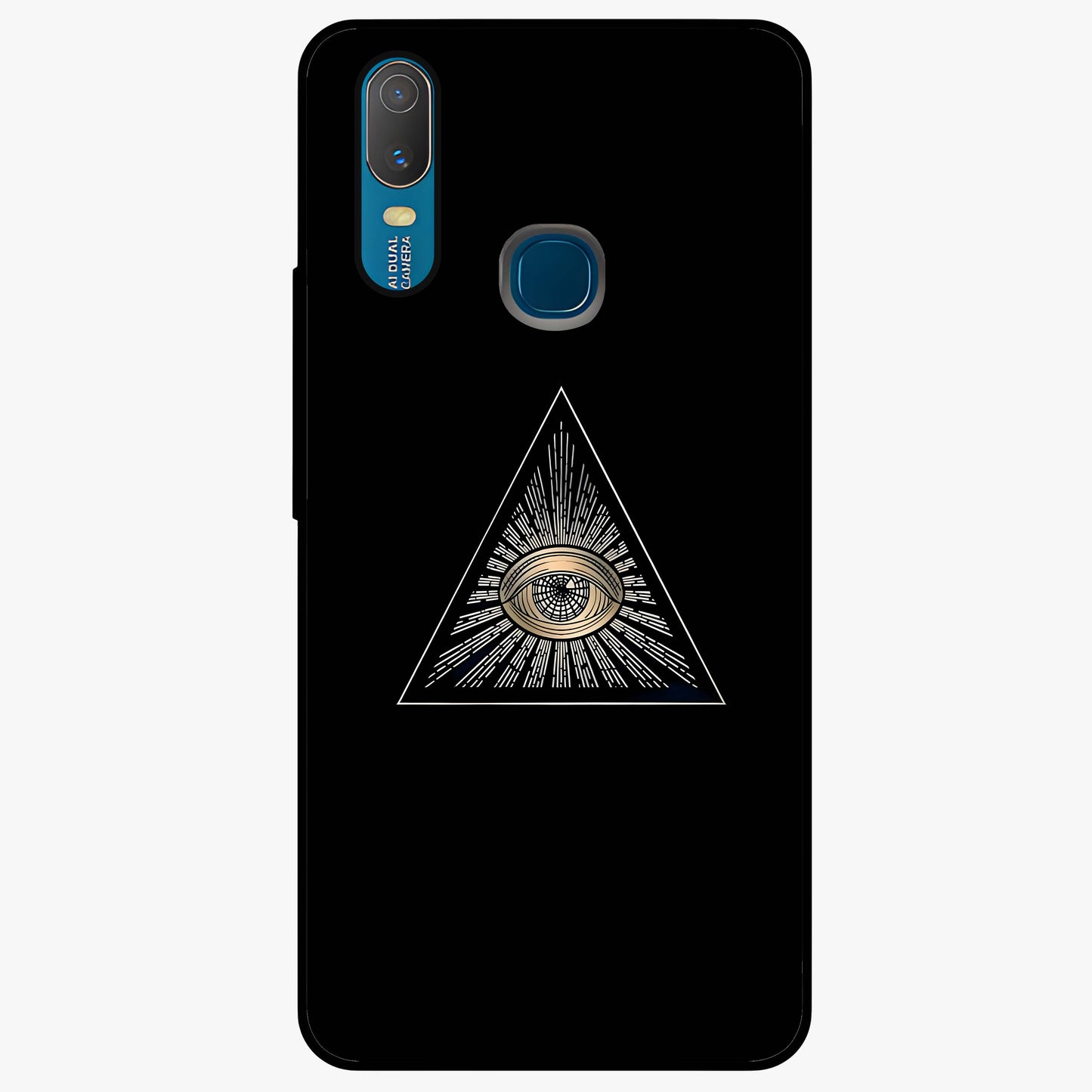 Illuminati Evil Glass Case showing flat back view with mysterious illuminati symbol artwork and glossy glass finish.