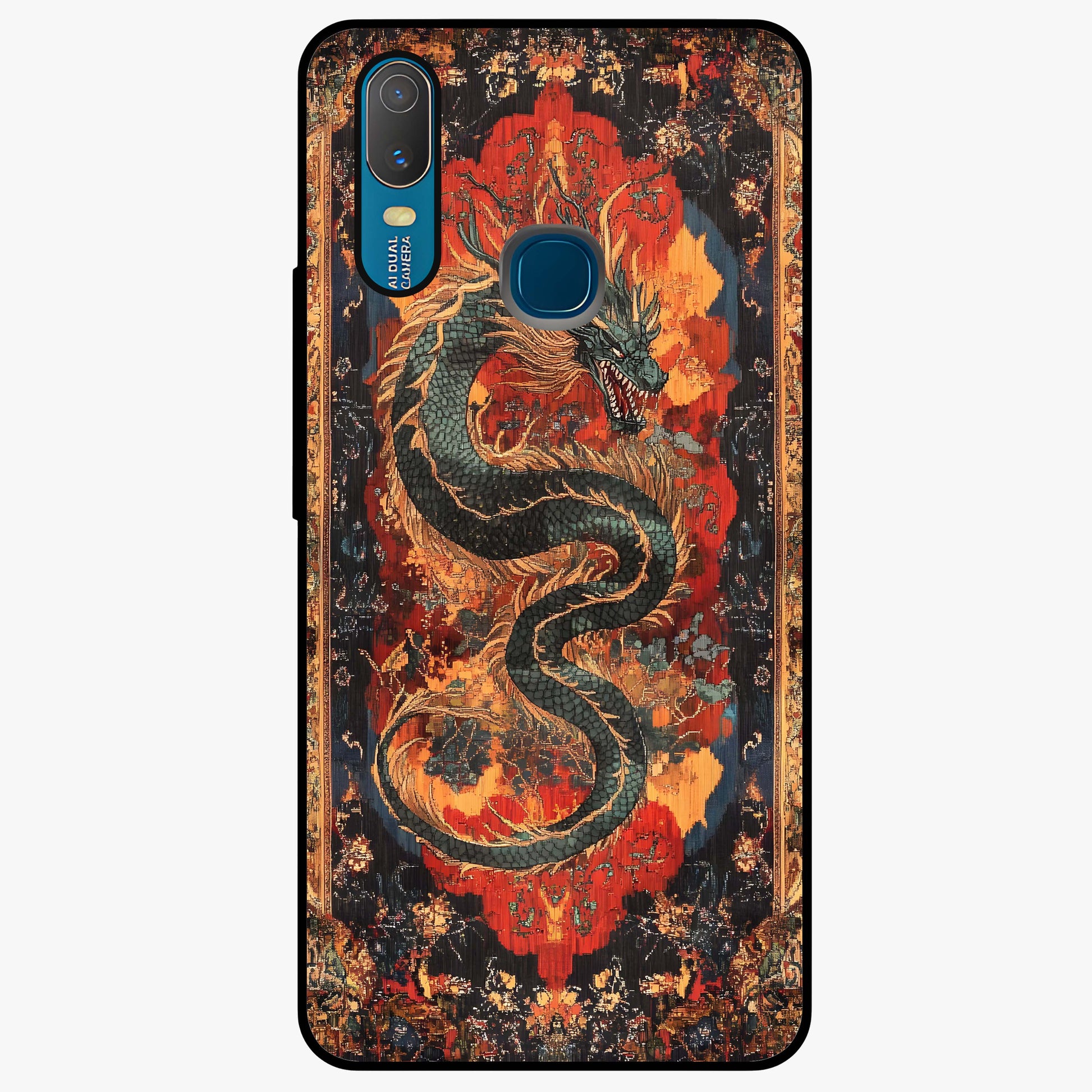 Inferno Dragon Soul Glass Case showing flat back view with fiery dragon artwork and glossy glass finish.