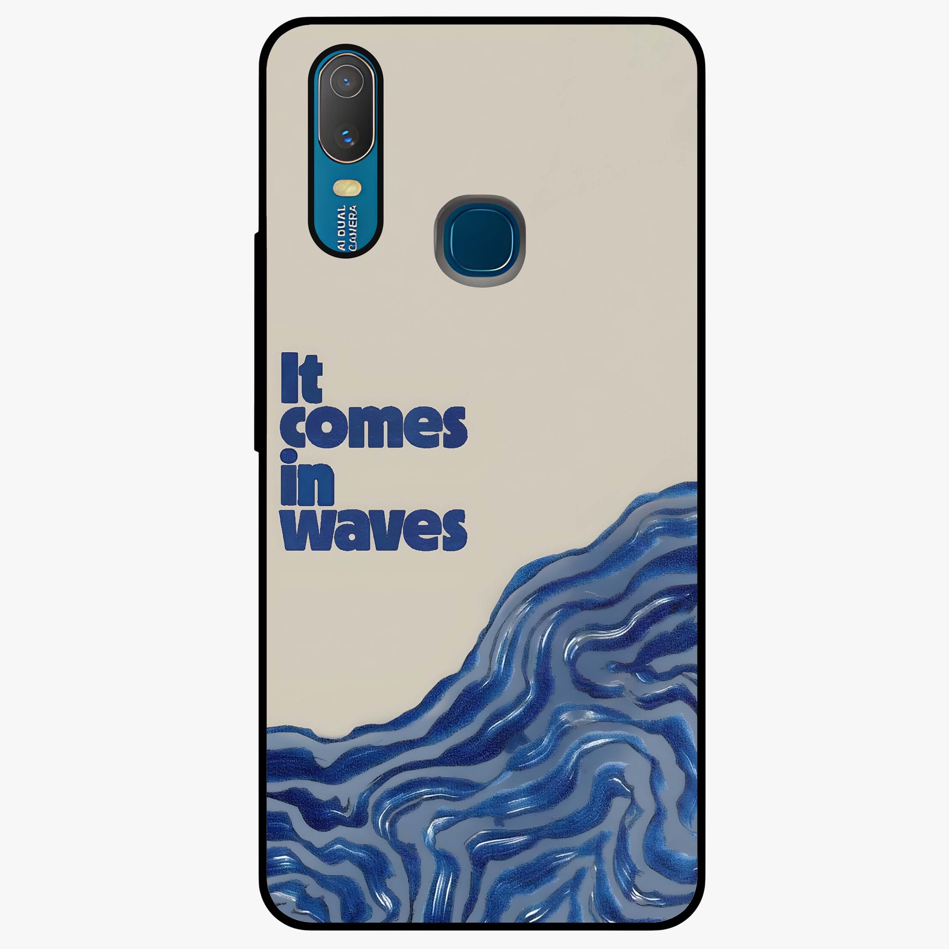 It Comes In Waves Quote Glass Case showing flat back view with inspirational wave themed quote artwork and glossy glass finish.
