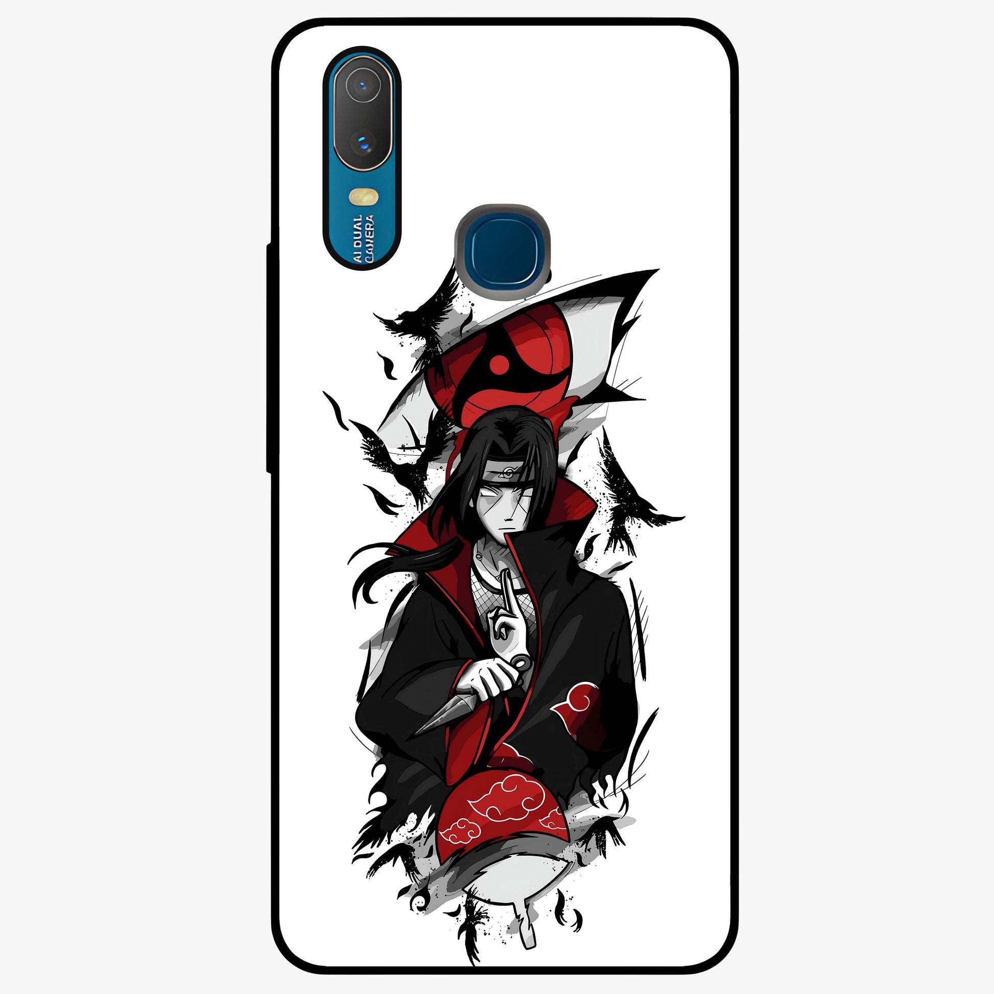 Itachi Sharingan Glass Case showing flat back view with powerful anime eye artwork and glossy glass finish.