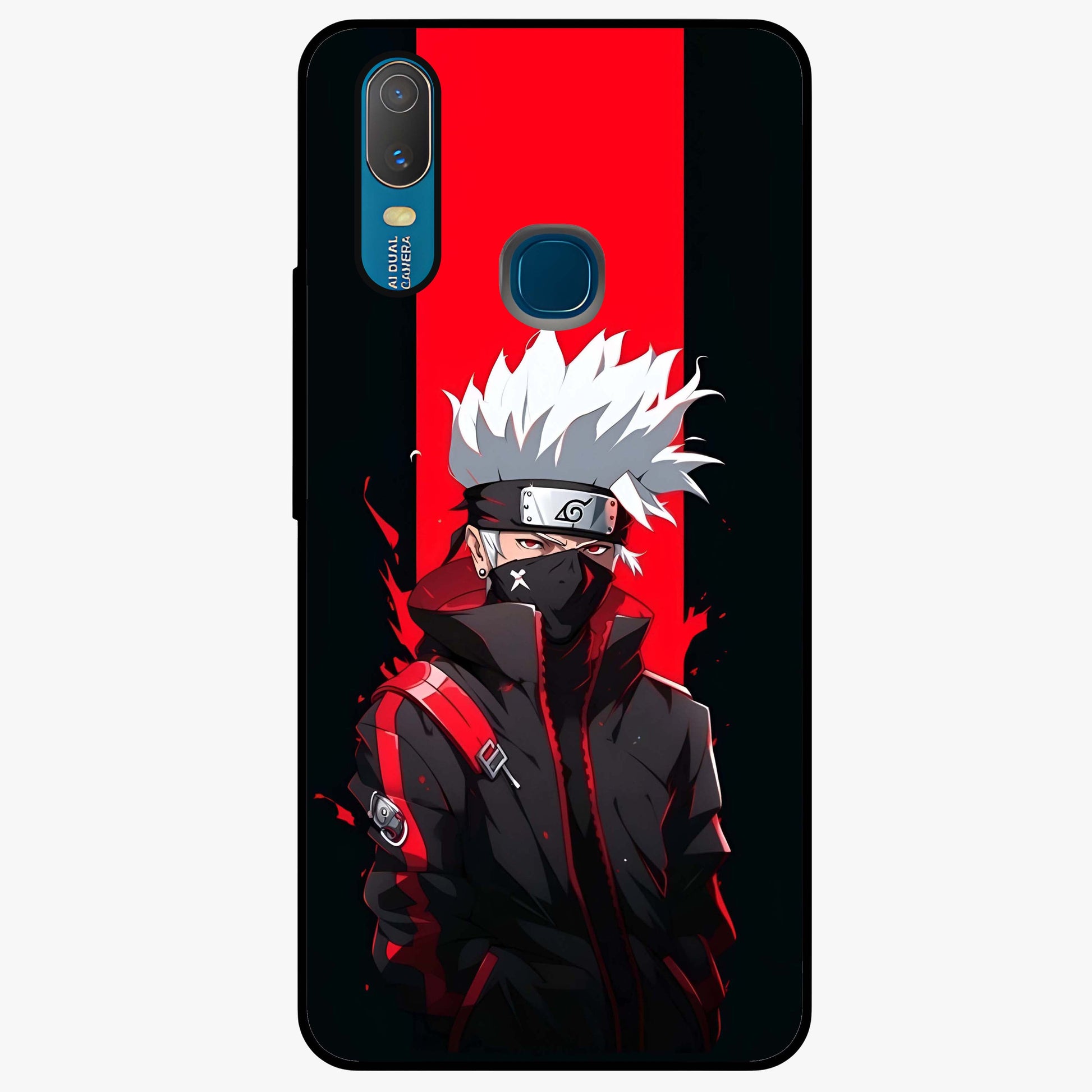 Kakashi Scarlet Shadow Glass Case showing flat back view with powerful anime ninja artwork and glossy glass finish.