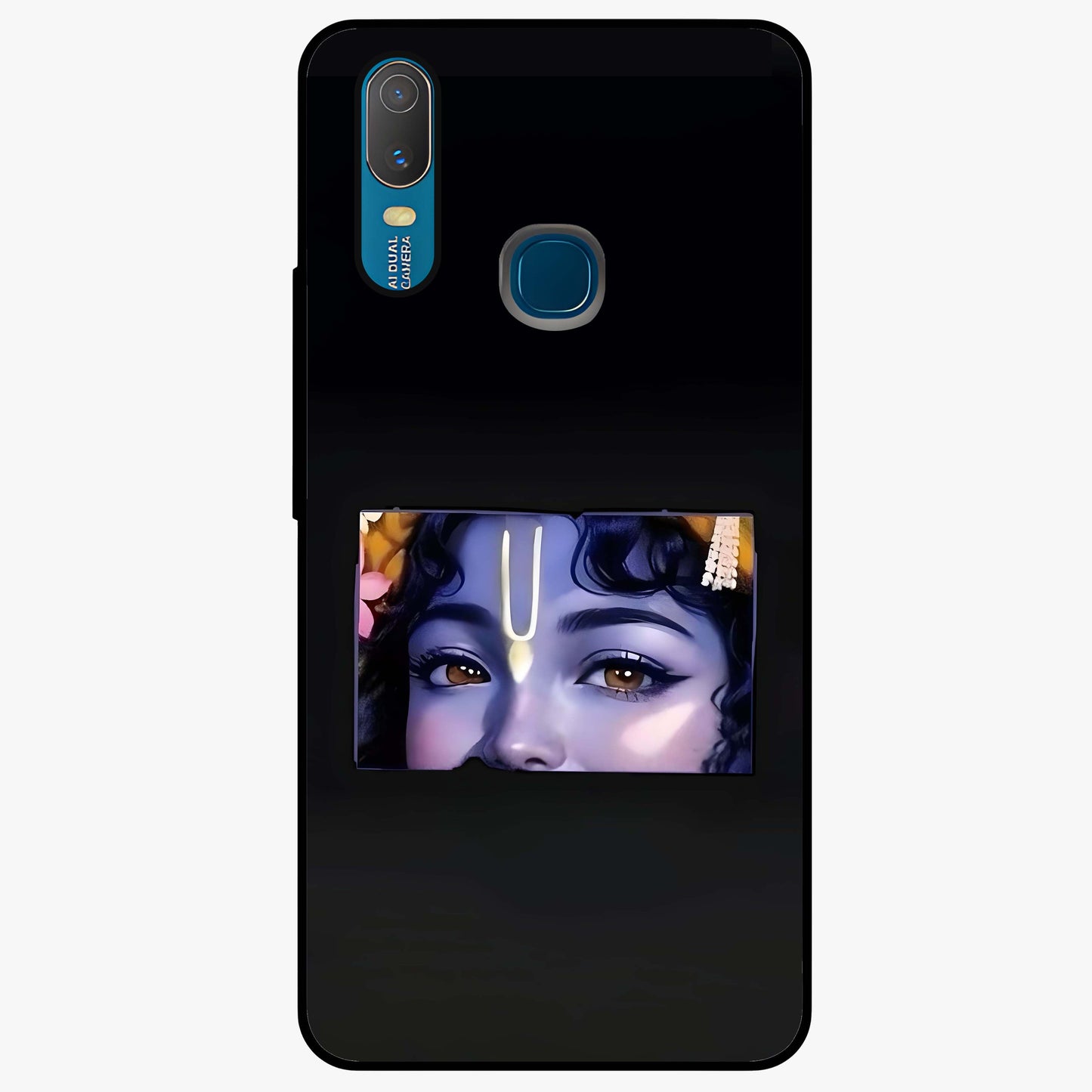 Krishna Divine Embrace Glass Case showing flat back view with Lord Krishna devotional artwork and glossy glass finish.
