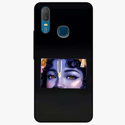 Krishna Divine Embrace Glass Case showing flat back view with Lord Krishna devotional artwork and glossy glass finish.
