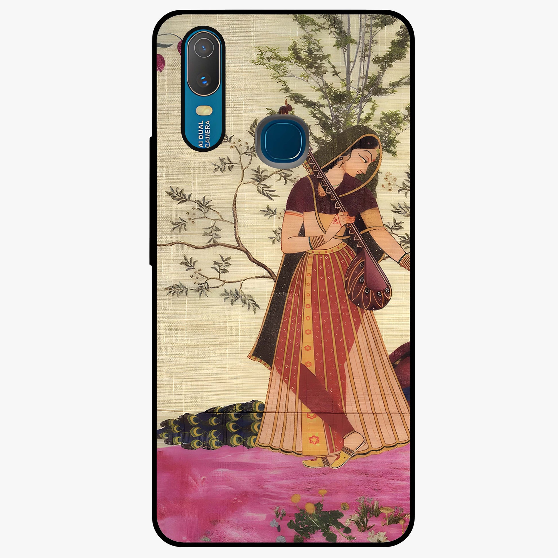 Lady With Veena Art Glass Case showing flat back view with elegant woman playing veena artwork and glossy glass finish.