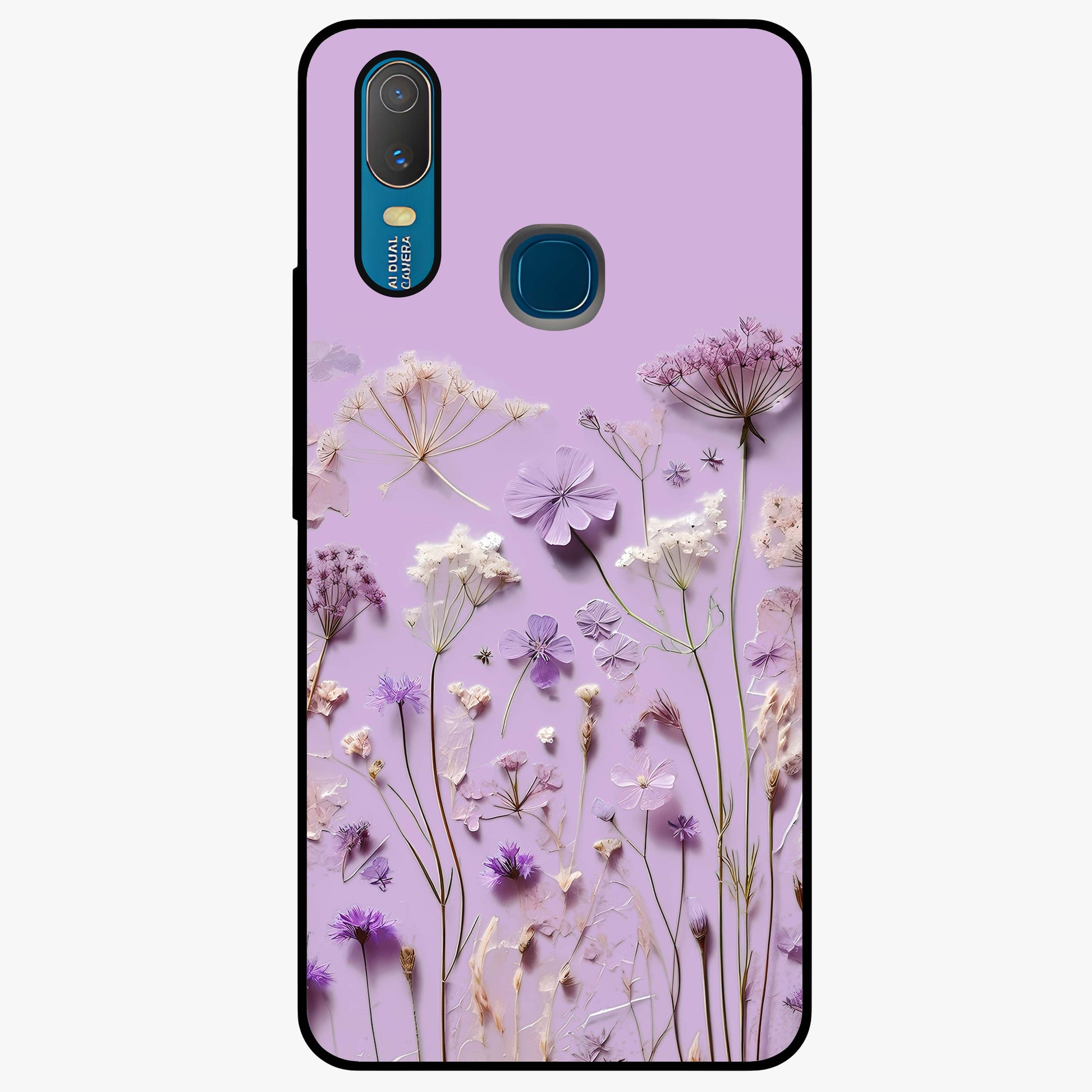 Lavender Blossom Dream Glass Case showing flat back view with soft lavender floral artwork and glossy glass finish.