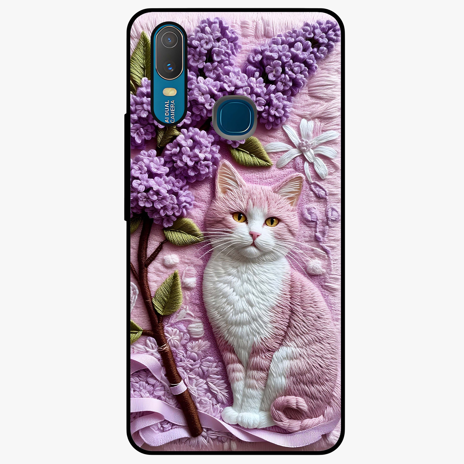 Lavender Cat Whimsy Glass Case showing flat back view with cute lavender cat artwork and glossy glass finish.