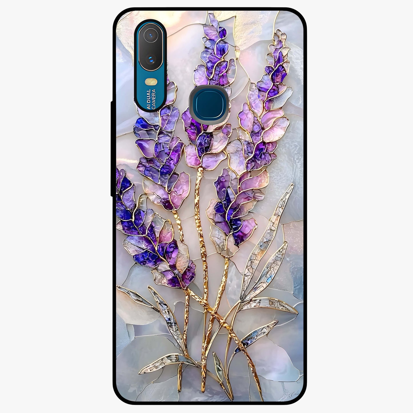 Lavender Dream Glow Glass Case showing flat back view with glowing lavender aesthetic artwork and glossy glass finish.