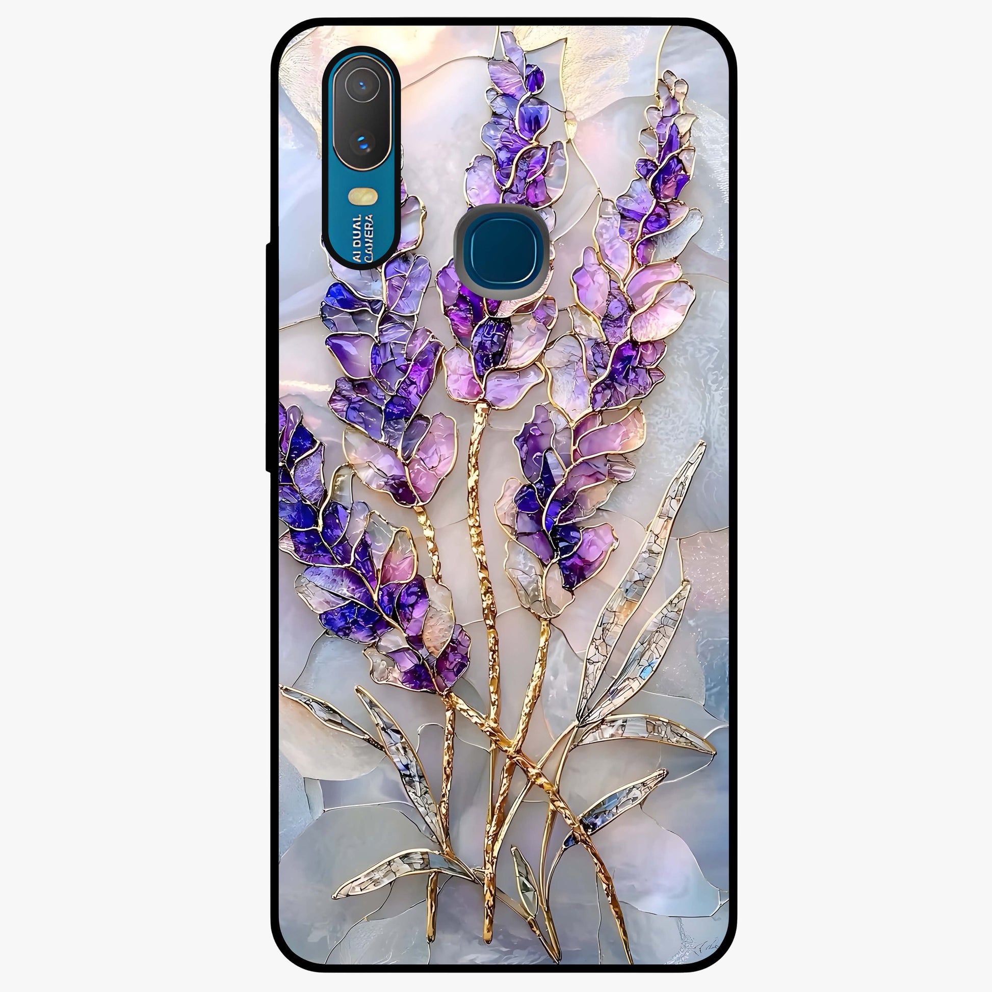 Lavender Dream Glow Glass Case showing flat back view with glowing lavender aesthetic artwork and glossy glass finish.