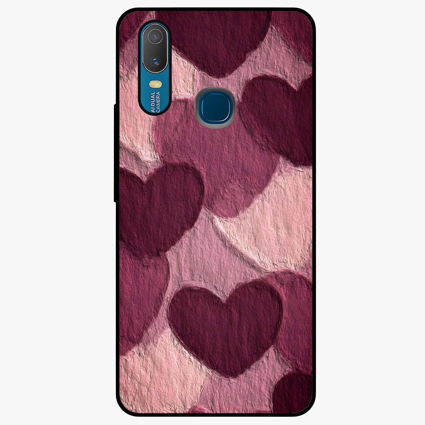 Layered Paper Hearts Glass Case showing flat back view with layered paper heart artwork and glossy glass finish.