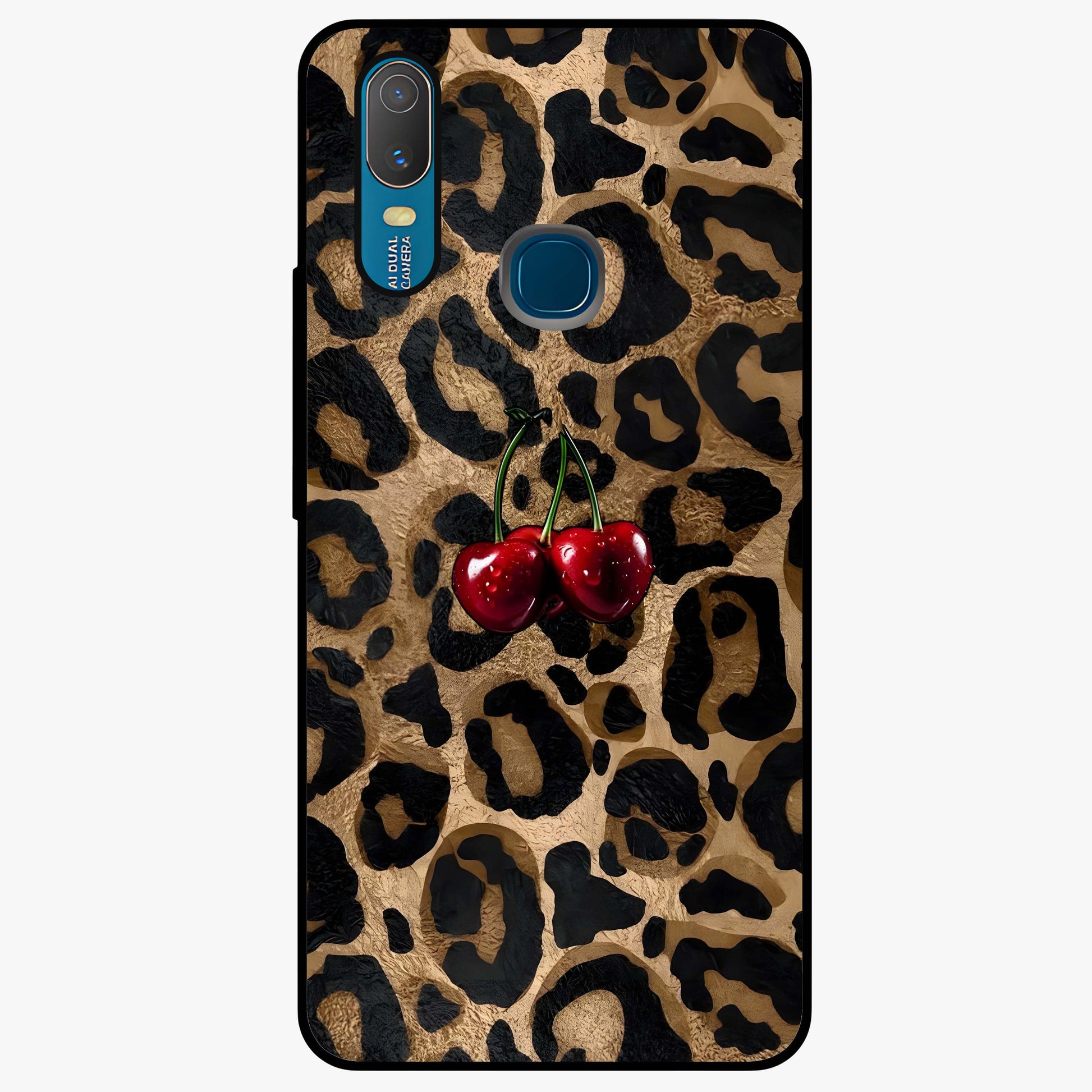 Leopard Wild Cherry Glass Case showing flat back view with leopard pattern and cherry artwork and glossy glass finish.