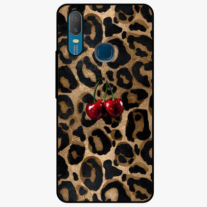 Leopard Wild Cherry Glass Case showing flat back view with leopard pattern and cherry artwork and glossy glass finish.