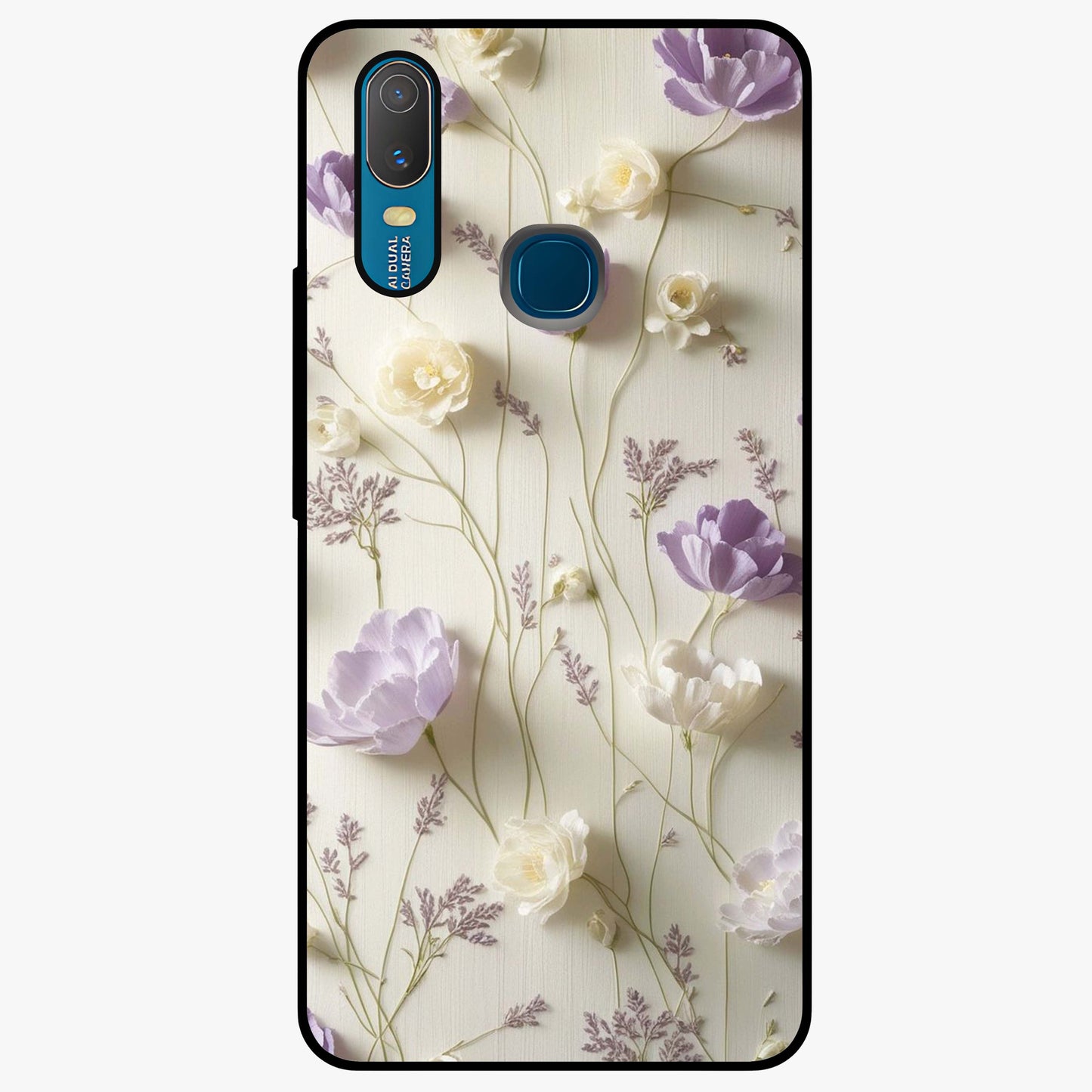 Lilac Breeze Harmony Glass Case showing flat back view with soft lilac themed artwork and glossy glass finish.
