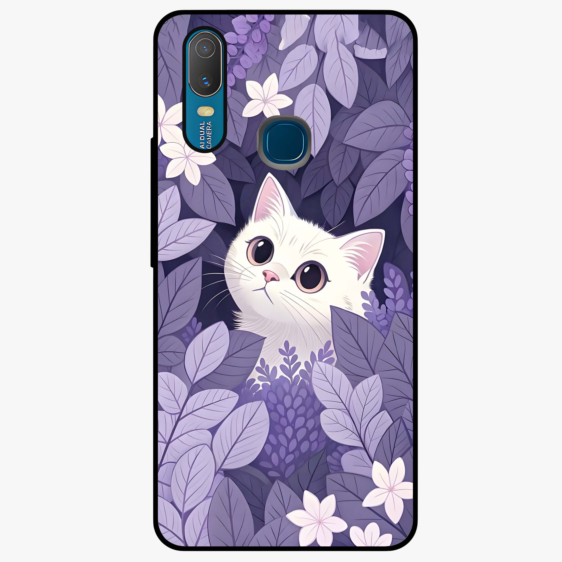 Lilac Hide Peek Cat Glass Case showing flat back view with cute peeking cat artwork and glossy glass finish.