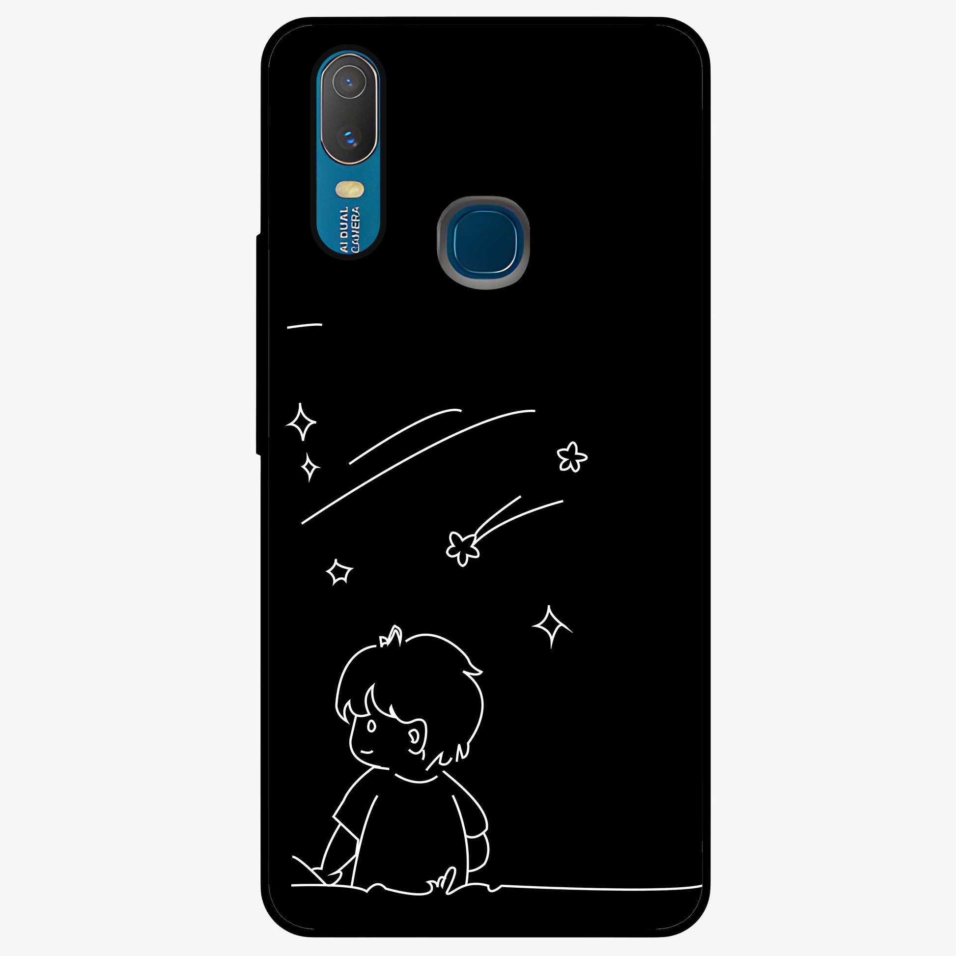Line Art Boy With Shooting Stars Glass Case showing flat back view with minimal line art boy and shooting stars illustration and glossy glass finish.