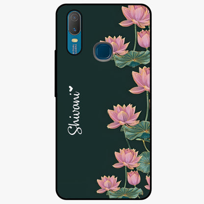 Lotus Bloom Serenity Custom Name Glass Case showing flat back view with elegant lotus flower artwork and personalized name design.